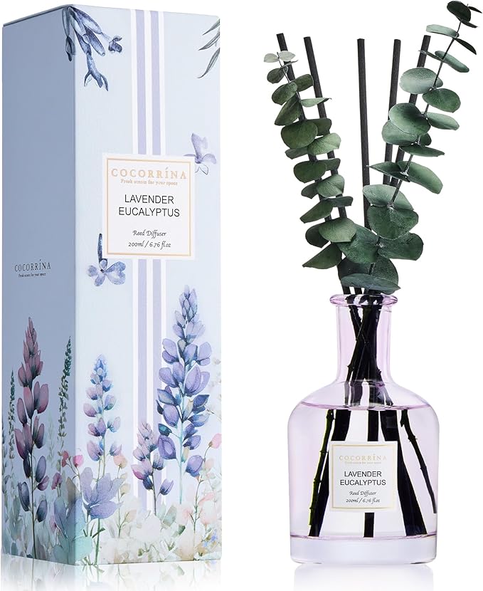 COCORRÍNA Lavender Eucalyptus Reed Diffuser – 6.76 oz Essential Oil with 8 Reeds & Real Eucalyptus Sticks, Home Fragrance ...