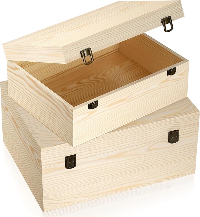 HIPNOOK Large Unfinished Wooden Boxes Set of 2 Sizes Wood Box with Hinged Lid – Large Wooden Boxes– Keepsake Memory Boxs- ...
