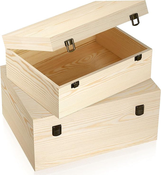 HIPNOOK Large Unfinished Wooden Boxes Set of 2 Sizes Wood Box with Hinged Lid – Large Wooden Boxes– Keepsake Memory Boxs- ...