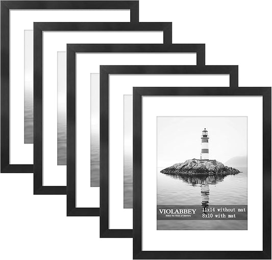VIOLABBEY 11x14 Picture Frame Set of 5, Black Frames 11x14 for 8x10 Photos with Mat or 11 x 14 without Mat,Gallery Wall Fr...