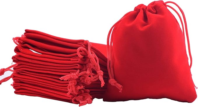 Sansam 50pcs Small Drawstring Velvet Jewelry Pouches, 4.0x4.8 Inch Red Drawstring Velvet Gift Bags,Treat Favor Bags for We...