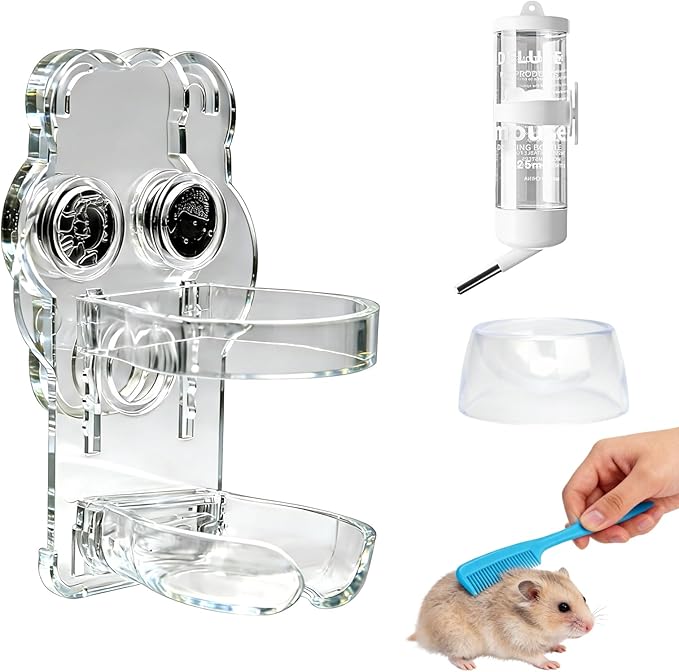 Magnetic Hamster Water Bottle Holder with 80ml Water Bottle & Feeding Bowl, Adjustable Height & Drop-Resistant, for Hamste...