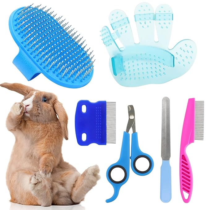 Rabbit Grooming Kit, Rabbit Brush for Shedding with Bunny Nail Clipper, Rabbit Nail Trimmers with Pet Combs for Hamster Gu...