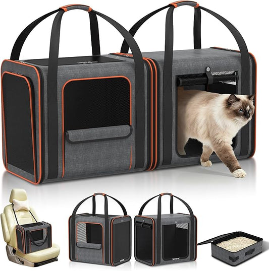Cat Carrier Bag Large for Travel: 2-in-1 Cat Carrier Soft with Litter Box 34x13x16in Secure The Car Seat for 2 Cats Travel...