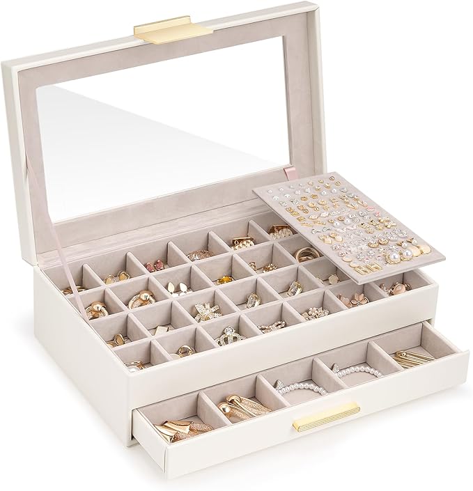 Lolalet Earring Storage Box Case with Glass Top, Large Earring Jewelry Holder Organizer Display with Drawer and Grid, Gift...