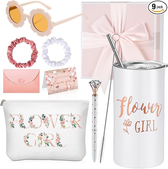 Sieral 9 Pcs Flower Girl Proposal Gifts Set Personalized Flower Girl Tumbler with Straw Bride Gift Box Canvas Bag Sunglass...