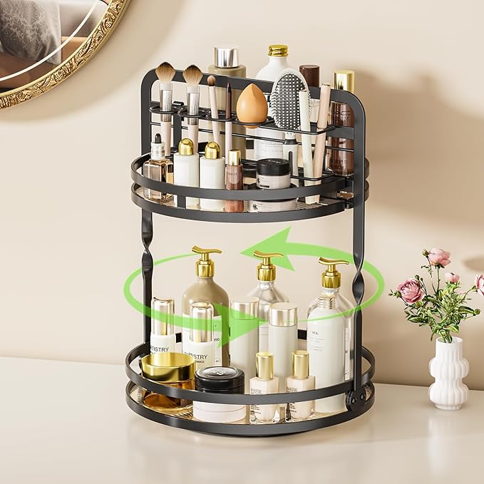 360° Rotating Makeup Organizer, 2-Tier Black Perfume Organizer for Dresser, Bathroom Organizers Countertop, Perfume Shelf ...