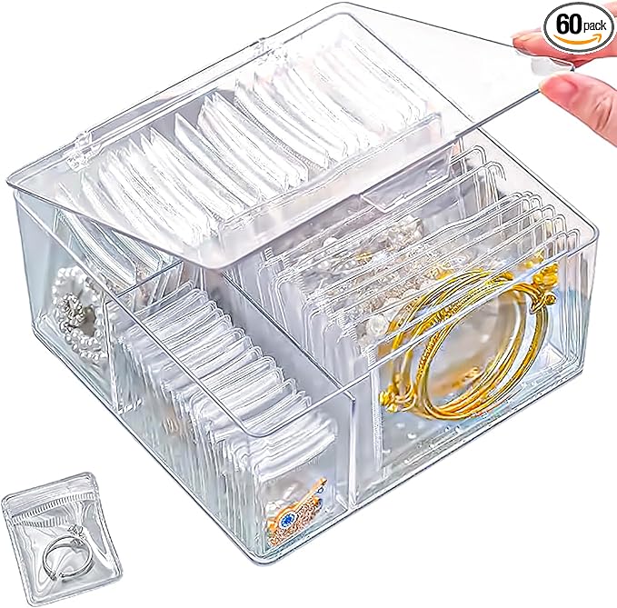 4 In 1 Acrylic Jewelry Organizers and Storage with 60 Portable Anti Tarnish Jewelry Bags, Clear Jewelry Box Organizer, Tra...