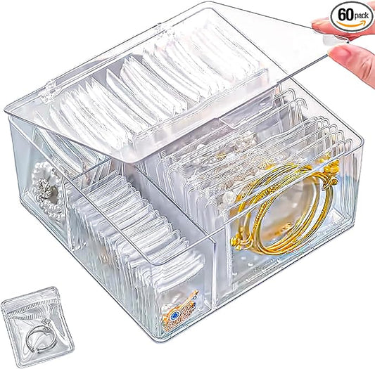 4 In 1 Acrylic Jewelry Organizers and Storage with 60 Portable Anti Tarnish Jewelry Bags, Clear Jewelry Box Organizer, Tra...