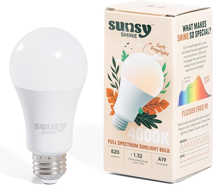 sunsy Shine - Full-Spectrum Flicker-Free A19 Sunlight Bulb for Humans - Boosts Energy, Mood, and Circadian Rhythm for Bett...