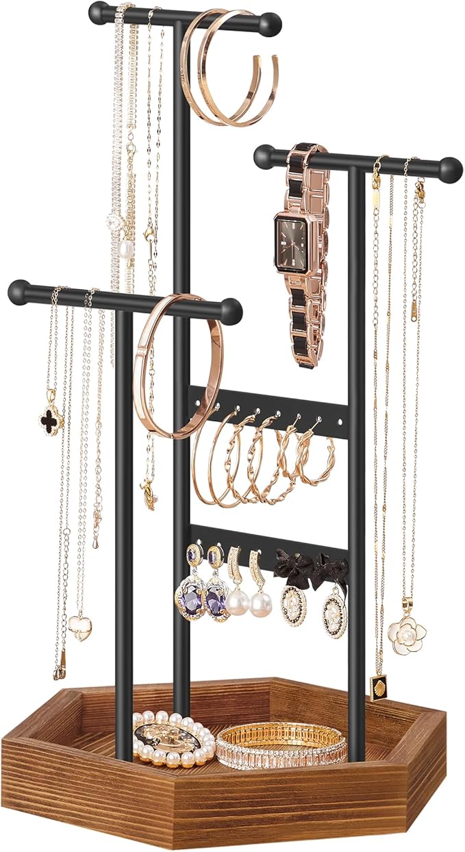 SONGMICS Jewelry Holder, Jewelry Organizer, 3 Tiers and 1 Tray, Jewelry Display Stand with Metal Frame, Necklace Earring B...