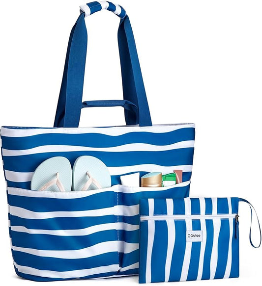 G4Free Beach Bags for Women Sandproof Foldable Beach Bag Tote with Waterproof Compartment Pool Travel