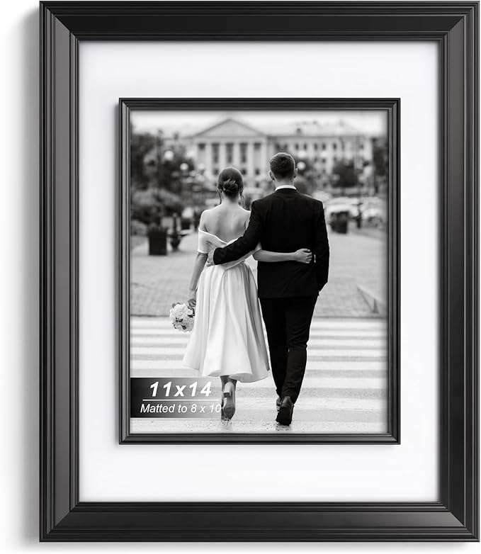 Yaetm 11x14 Black Picture Frame with Decorative Inner Frame & Tempered Glass, Display 8x10 Photos with Mat on Wall - Portr...