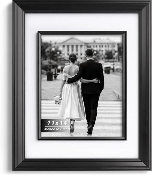 Yaetm 11x14 Black Picture Frame with Decorative Inner Frame & Tempered Glass, Display 8x10 Photos with Mat on Wall - Portr...
