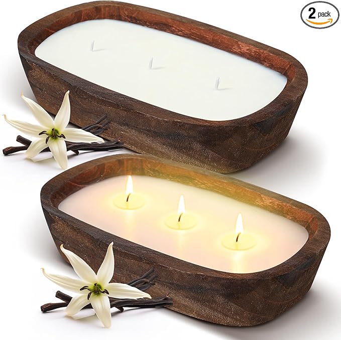Threlaco 2 Pack Wood Dough Bowl Candle Jar Candle Decorative with Wick Scented Candles Soy Gifts for Men Women Farmhouse T...