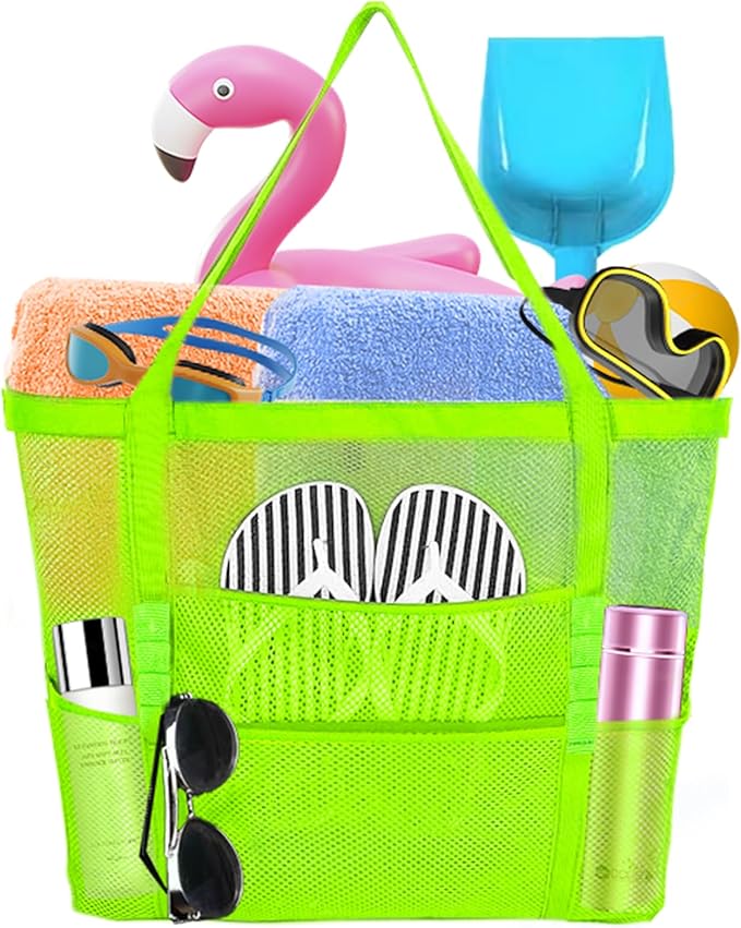 Yunaeduo Large Mesh Beach Bag - Lightweight & Foldable Family Beach Bag with 9 Pockets for Toys, Towels & Vacation Essentials