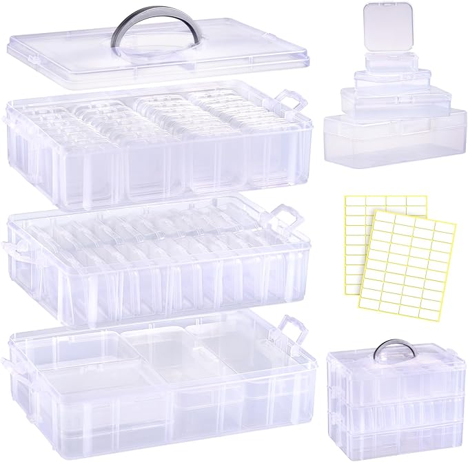 Funtopia Bead Organizers and Storage, 56 Pcs Small Plastic Containers with Lids and 3-Tier Stackable Storage Box, Mini Cle...