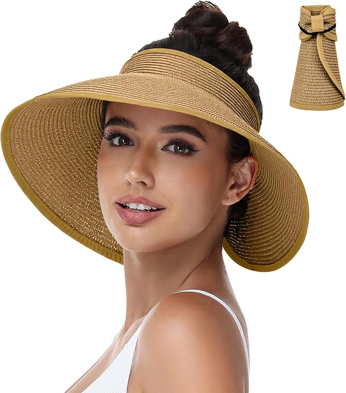Sun Hats Visor for Women, UV UPF Straw Beach Hat Foldable Wide Brim Ponytail Summer Hats Packable Travel