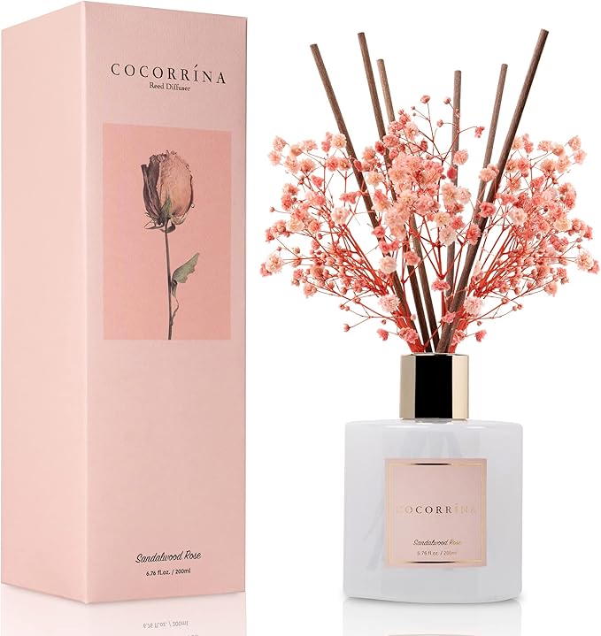 Cocorrína Premium Reed Diffuser Set with Preserved Baby's Breath & Cotton Stick Sandalwood Rose | 6.7oz Scent Fragrance Oi...