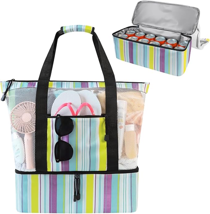 ASL Mesh Beach Bag with Cooler Compartment for Women, 2-in-1 Print Travel Tote 30L with Zipper and Pockets, Pool Picnic