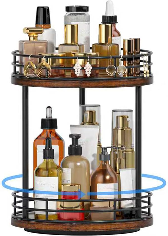 Bathroom Organizer Countertop,2 Tier Rotating Makeup Organizer Countertop for Vanity,Wooden Bathroom Counter Storage Shel...