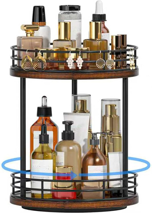 Bathroom Organizer Countertop,2 Tier Rotating Makeup Organizer Countertop for Vanity,Wooden Bathroom Counter Storage Shel...
