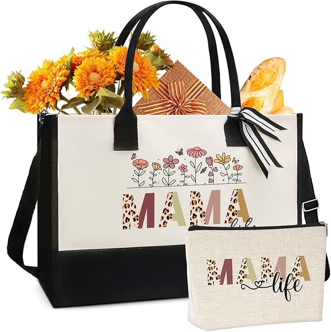 VeloKomo Mama Canvas Tote Bag - 2pcs Appreciation Gifts for Mom Women Floral Totes with Portable Makeup Bags Gift Set for ...