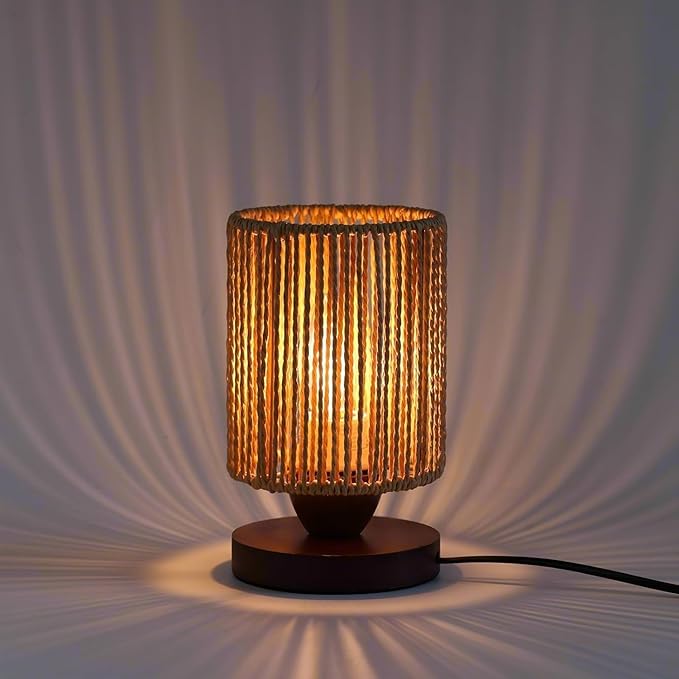 DKCONONY Small Rattan Table Lamp for Bedroom, Boho Bedside Lamp with Warm LED Bulb, Handwoven Wicker Nightstand Lamp for N...