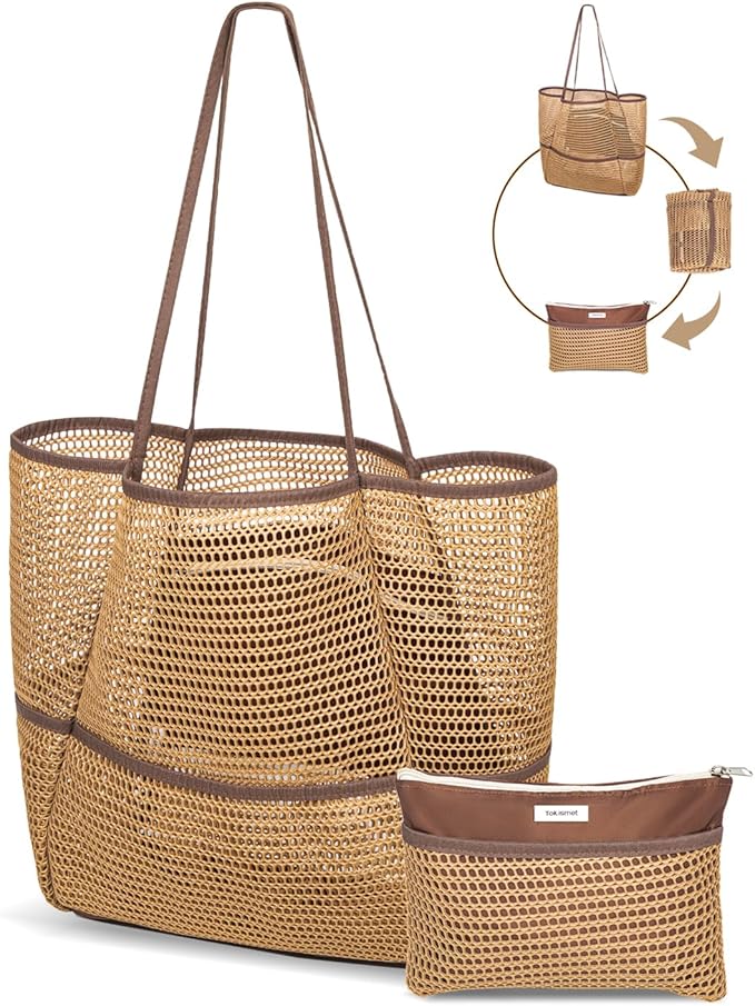 ToKismet Mesh Beach Tote Bag Packable,2026 New 2-in-1 Large Lightweight Foldable Beach Bags with Multiple Pockets for Women