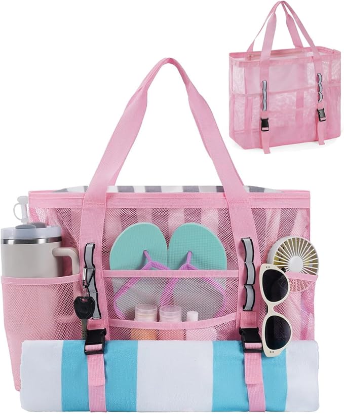WANDF Mesh Beach Bag for Women, Large Beach Tote Bags with 40oz Tumbler Side Pockets, Family Pool Bag for Swim Toys Towels...