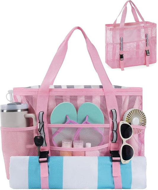 WANDF Mesh Beach Bag for Women, Large Beach Tote Bags with 40oz Tumbler Side Pockets, Family Pool Bag for Swim Toys Towels...