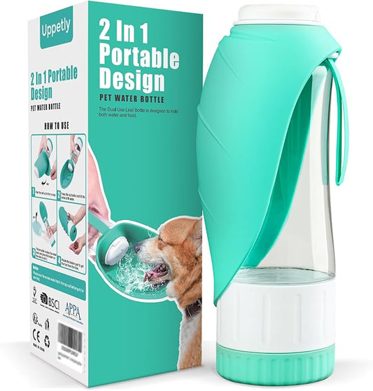 Uppetly Dog Water Bottle, Pet Water Bottle with Food Container and Drinking Feeder, Leak Proof, BPA-Free, Portable Foldabl...