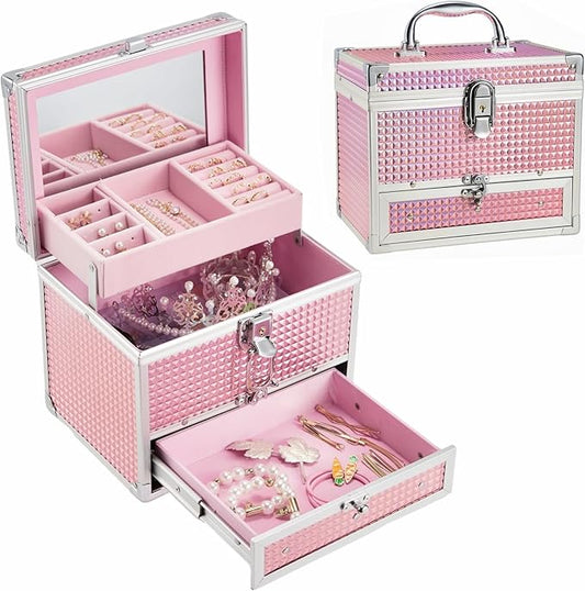 Hododou Girls Jewelry Box Organizer with Drawer & Mirror, Shiny Pink Style Lockable Storage Case for Kid or Little Girls J...