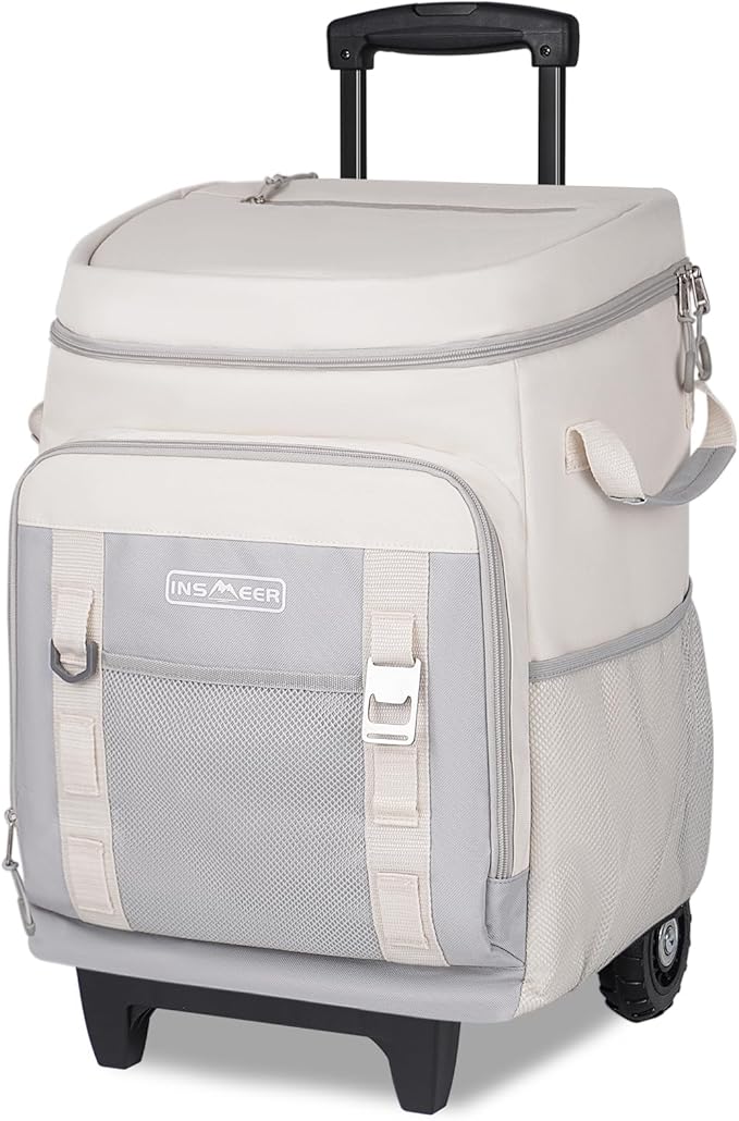 INSMEER Cooler with Wheels and Handle, 80 Cans/50L Rolling Cooler, Portable Soft Sided Cooler with Wheel, 2-in-1 Collapsib...