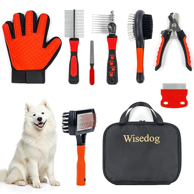 Wisedog Dog Grooming Kit 8PCS - Pin & Bristle Brush, Slicker Brush, Dematting Tool, Nail Clipper, Hair Removal Mitts, Flea...