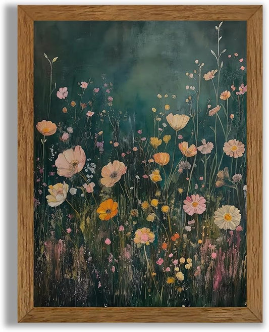 JLTULT Framed Vintage Pink Tone Floral Canvas Wall Art, Farmhouse Flower Landscape Pictures Wall Decor, Botanical Wildflow...