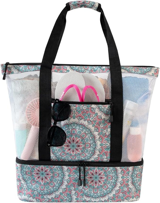 ASL Mesh Beach Bag with Cooler Compartment for Women, 2-in-1 Print Travel Tote 30L with Zipper and Pockets, Pool Picnic