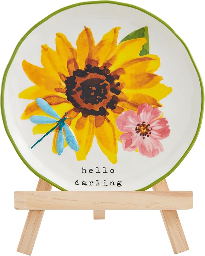 Mud Pie Yellow Floral Plate In Easel; assembled 9" x 7"