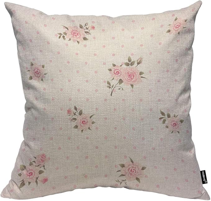 HOSNYE Floral Polka Dot Background Throw Pillow Case Cushion Covers Shabby Chic Style Pattern with Pink Roses Cotton Linen...