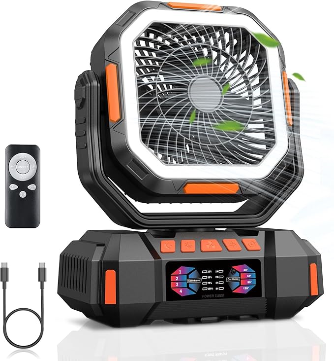 Glitnous Portable Camping Fan 40000mAh Battery Powered, Rechargeable Camping Fan with Remote & LED Light, 4 Speed Strong A...