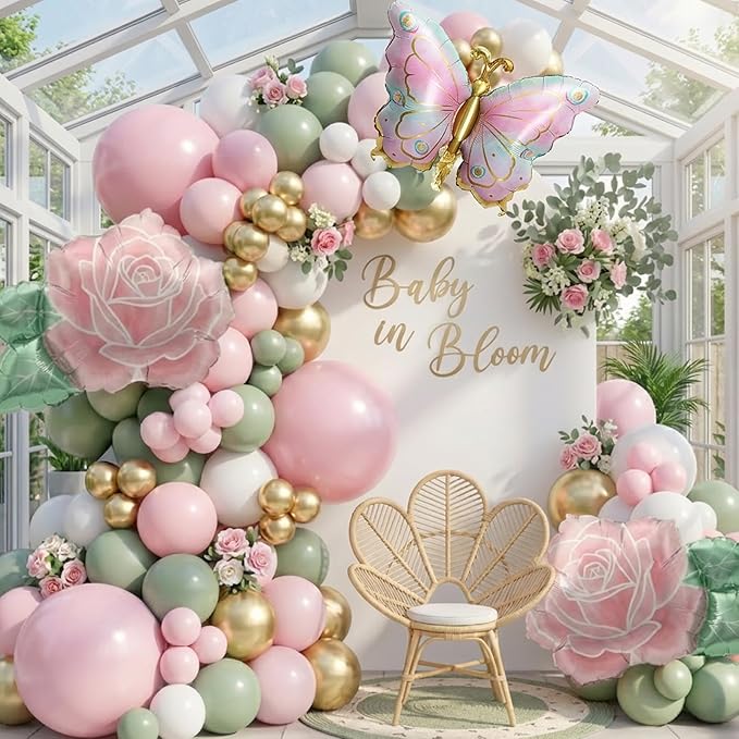 Spring Flower Balloon Garland Kit - 117Pcs Green Pink Gold Arch with Flower & Butterfly Foil Balloons | Baby in Bloom, But...