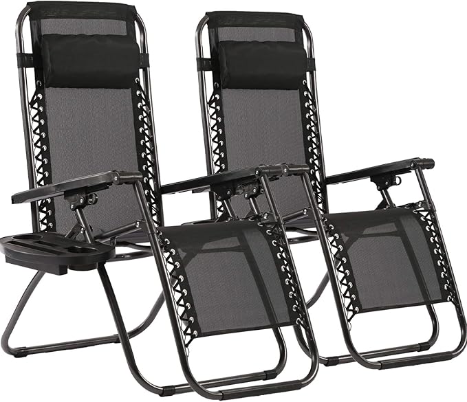 FDW Zero Gravity Lawn Lounge Chairs Set of 2 with Pillow and Cup Holder - Adjustable Reclining Folding Outdoor Chairs for ...