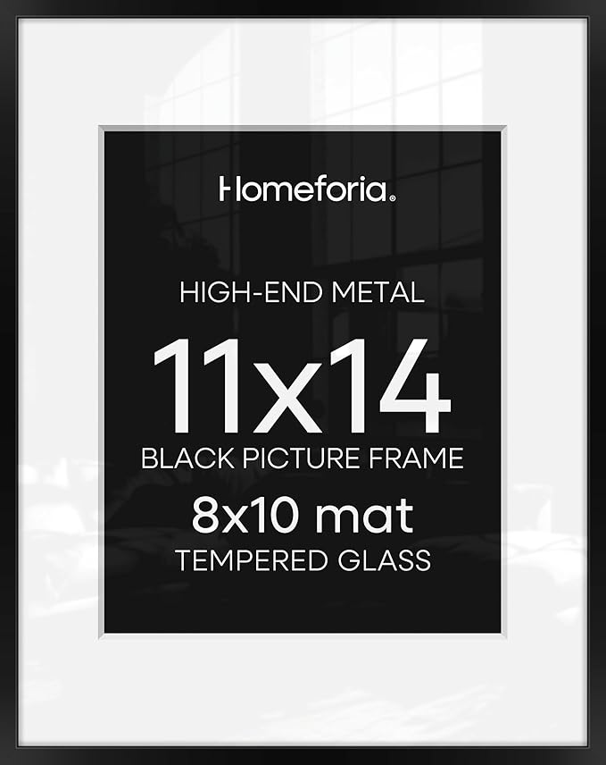 Homeforia Black 11x14 Picture Frame, High End Metal 11x14 Poster Frames with Mat 8x10, 11 x 14 Black Frame Matted to 8 x 1...