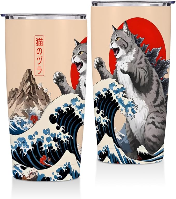 Cat Gifts for Women 20 oz Tumbler, Funny Japanese Cats Stainless Steel Insulated Water Bottle, Cats Themed Insulated Trave...
