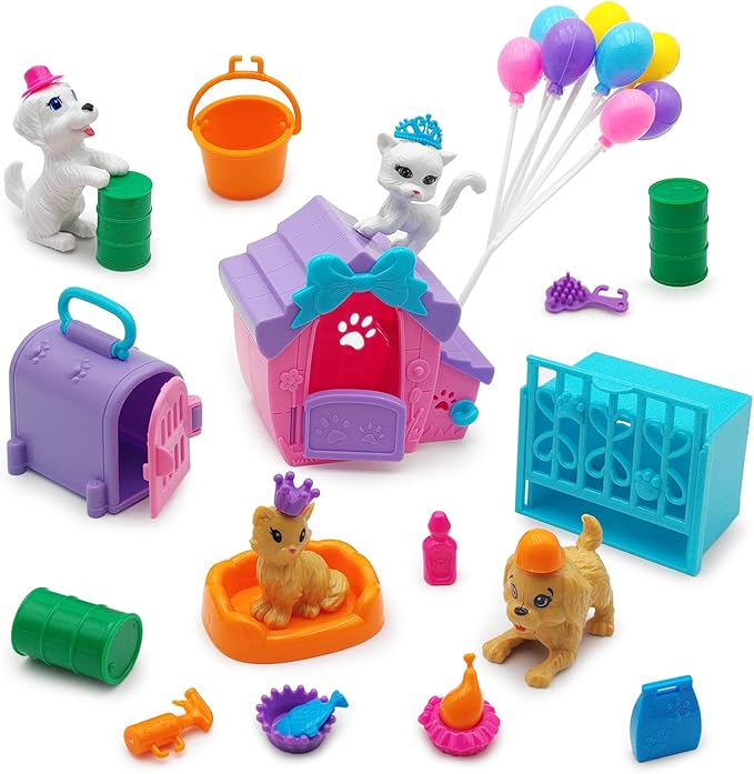 Dolls Accessories Playsets Dog Cat Figures with House Cage Pet Pretend Play Toys for Doll Toddlers 3-5 age 5-7 Girls Kids ...