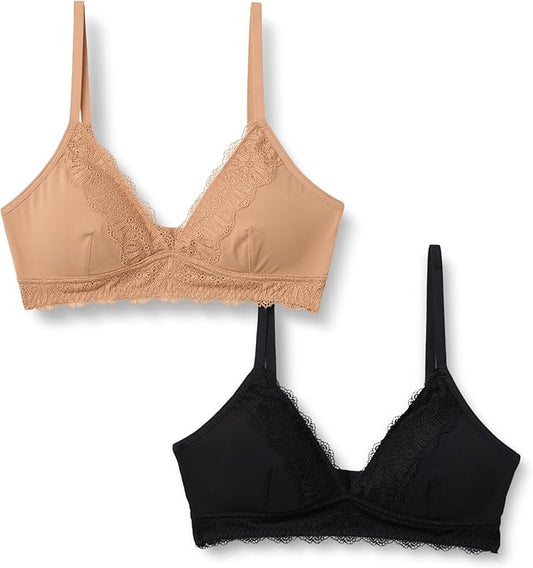 Amazon Essentials Women's Peached Microfibre with Lace Trim Lined V Neck Bralette