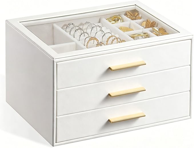 GUOER Jewelry Box for Women, Glass Lid Jewelry Organizer with 3 Drawers PU Jewelry Storage Case for Necklaces Rings Earrin...
