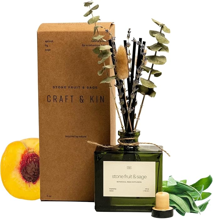 Craft & Kin Reed Diffuser with Dried Flowers | 5 oz Stone Fruit & Sage Scented Holiday Reed Diffusers for Home, Bathroom...