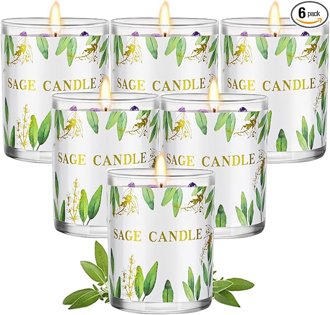 Candles, 6 Pack Sage Candle for Cleansing House Negative Energy, Scented Candles Gifts Set for Women, Crystal Candle Clear...