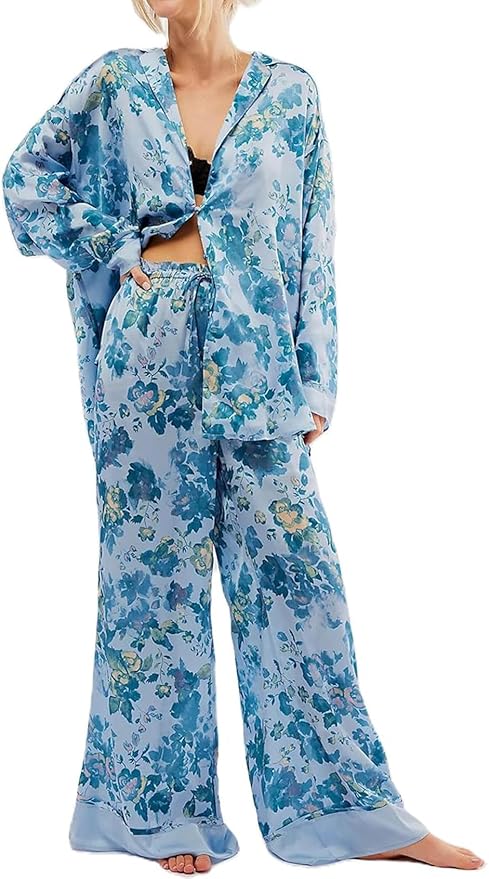 Yimoon Satin Pajama Set for Women Silk Pajamas Set 2 Piece Floral Cute Pj Set Long Sleeve Pjs Sleepwear